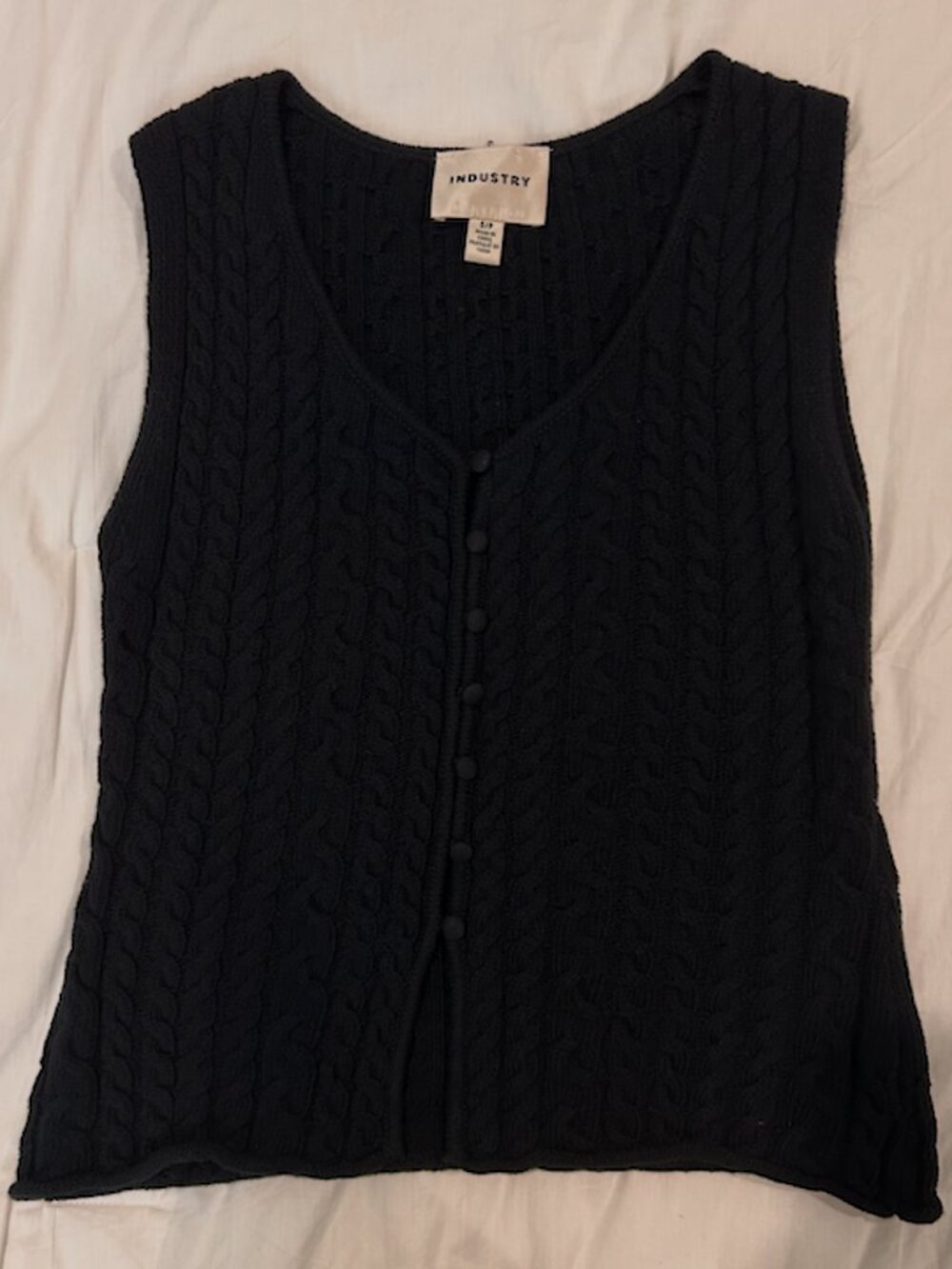 Black cotton cable knit button front v-neck vest tank